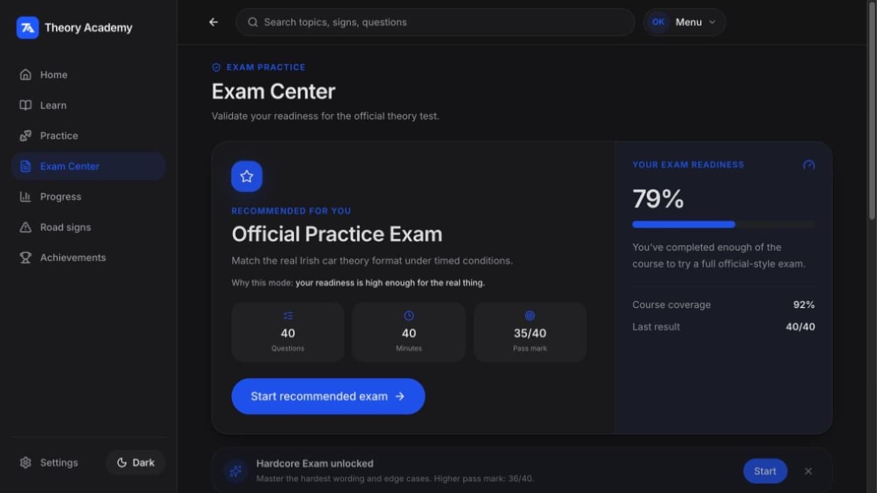 Theory Academy Exam Center showing the recommended official practice exam and readiness score