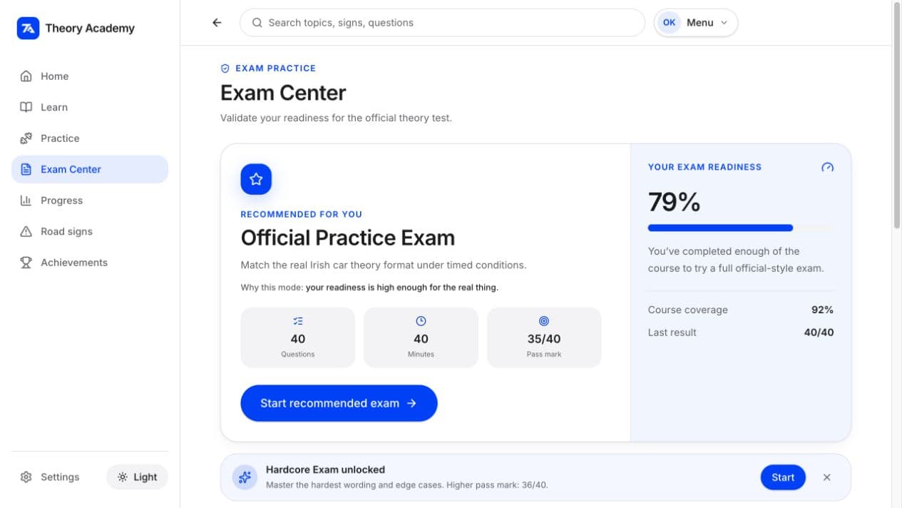 Theory Academy Exam Center showing the recommended official practice exam and readiness score