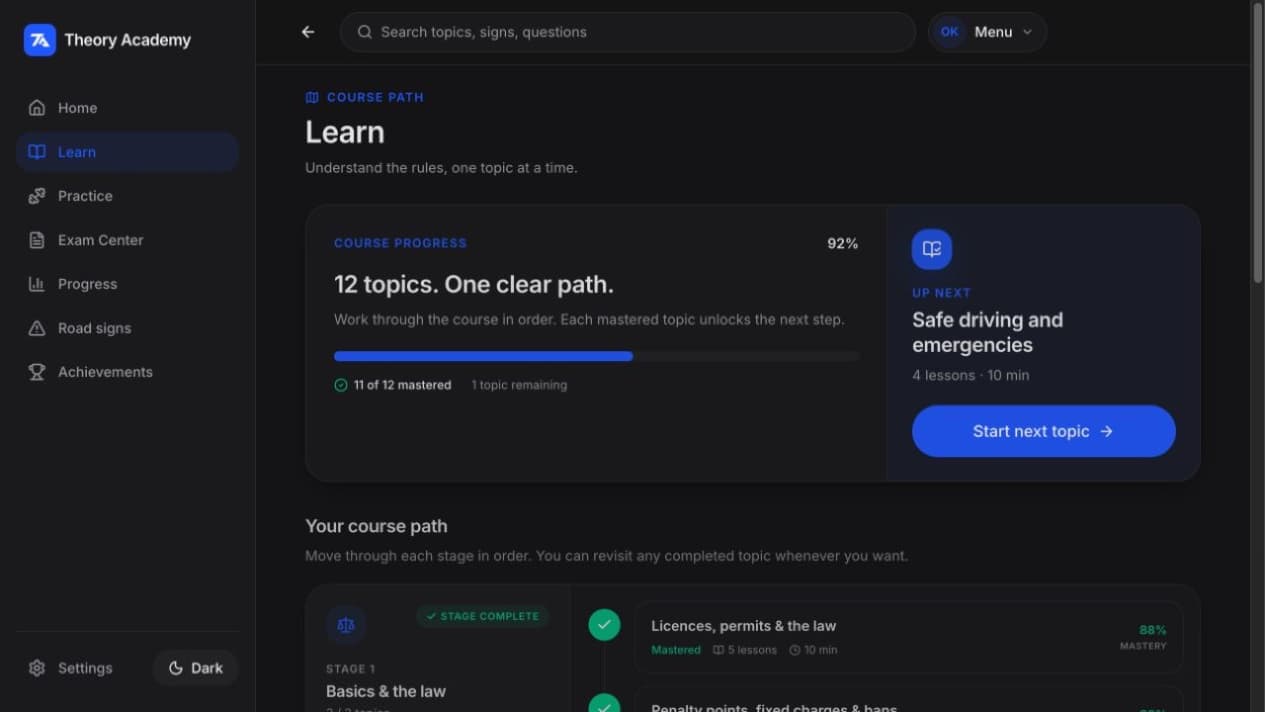 Theory Academy Learn screen showing course progress and the ordered topic path