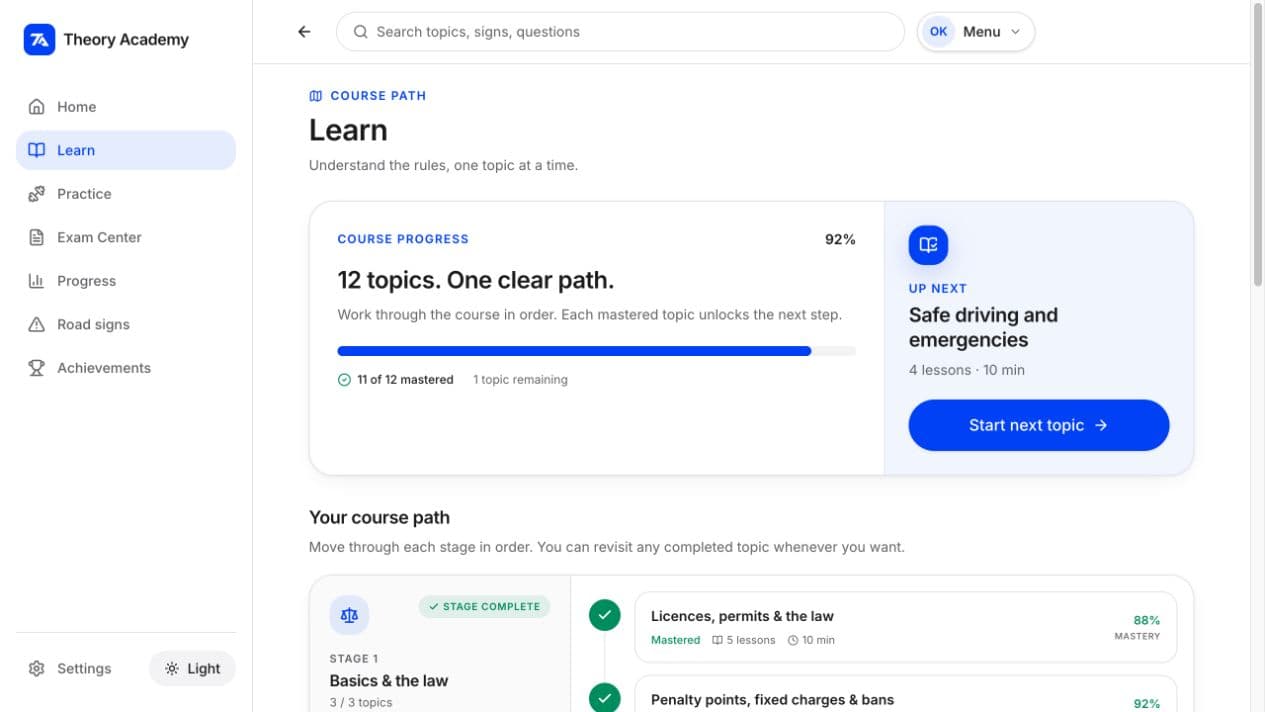 Theory Academy Learn screen showing course progress and the ordered topic path