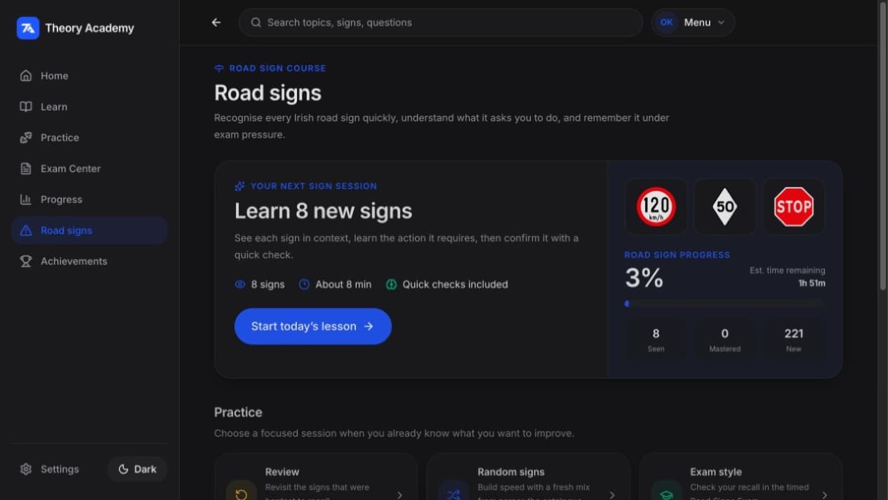 Theory Academy Road signs screen showing guided sign learning and category progress