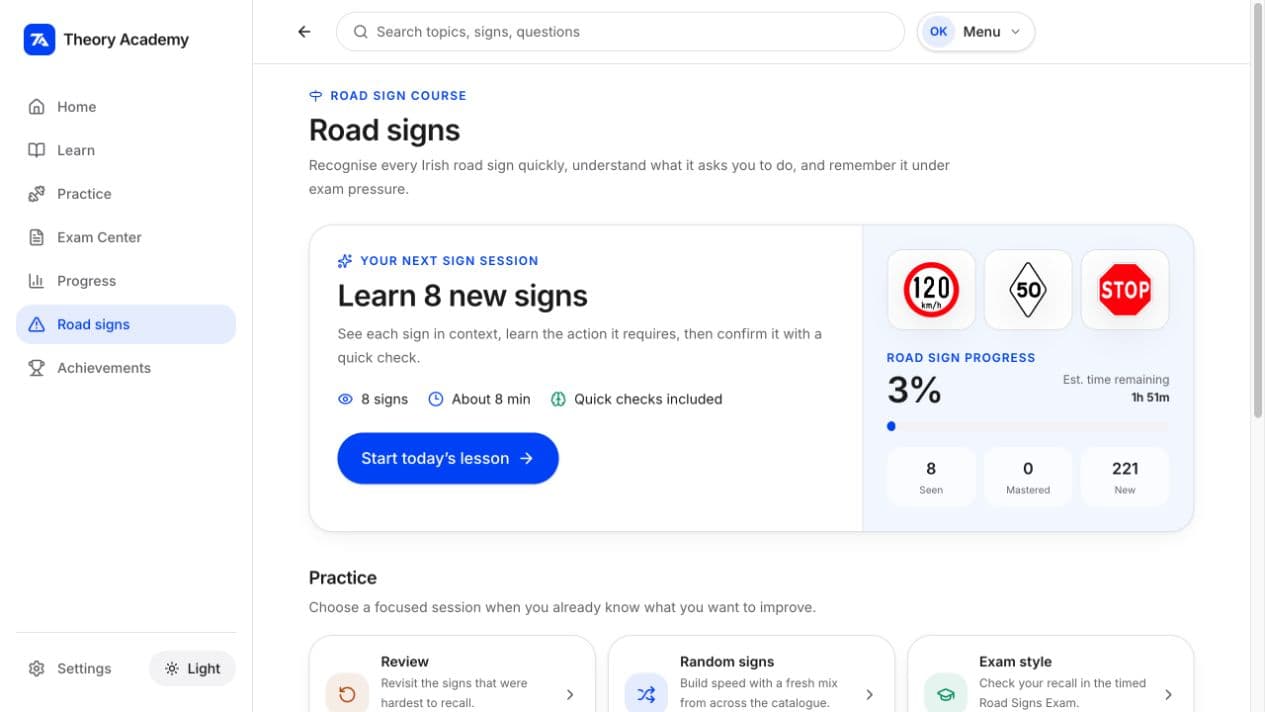 Theory Academy Road signs screen showing guided sign learning and category progress